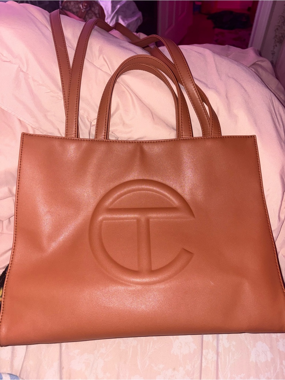 Telfar Tan Leather Shopping Tote with Embossed Logo